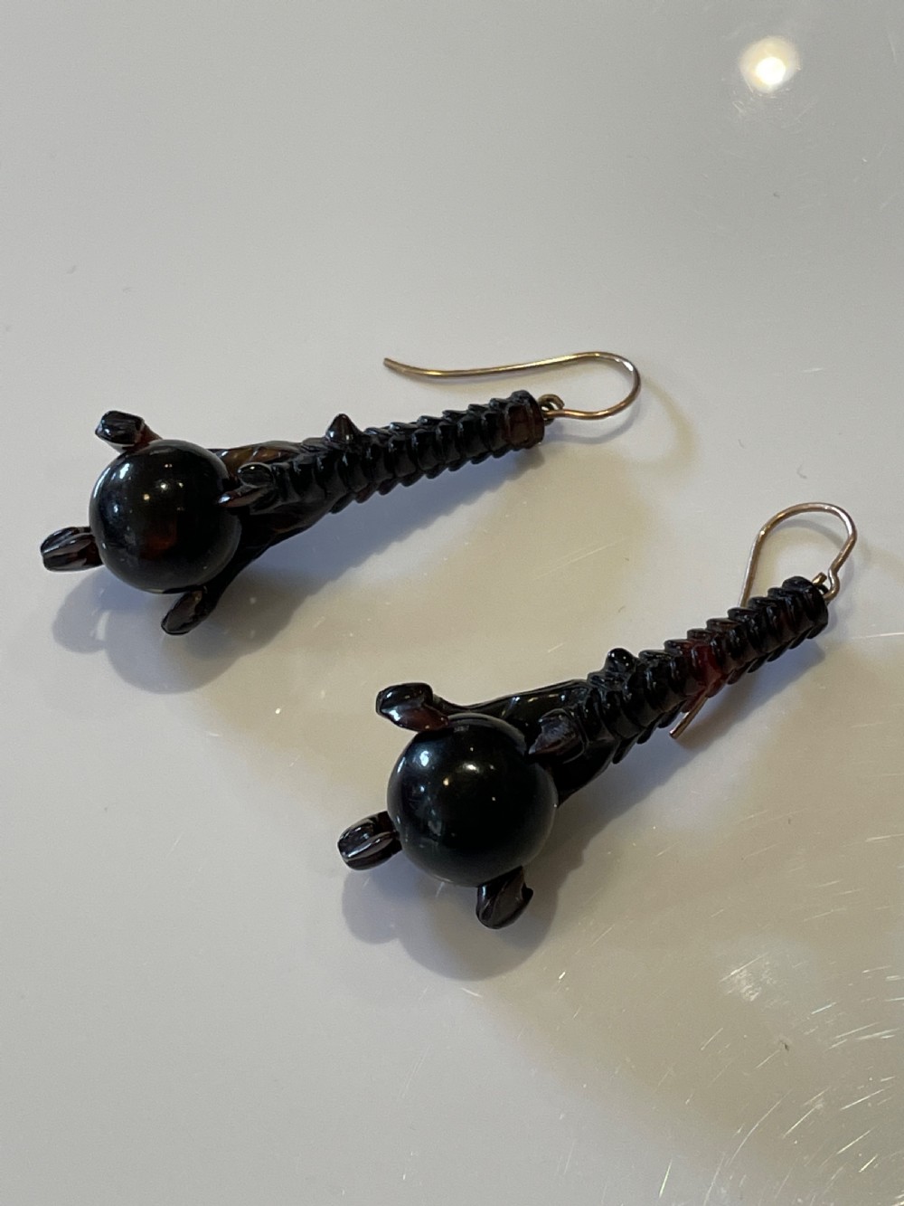 Victorian Tortoiseshell Claw and Ball Carved Earrings