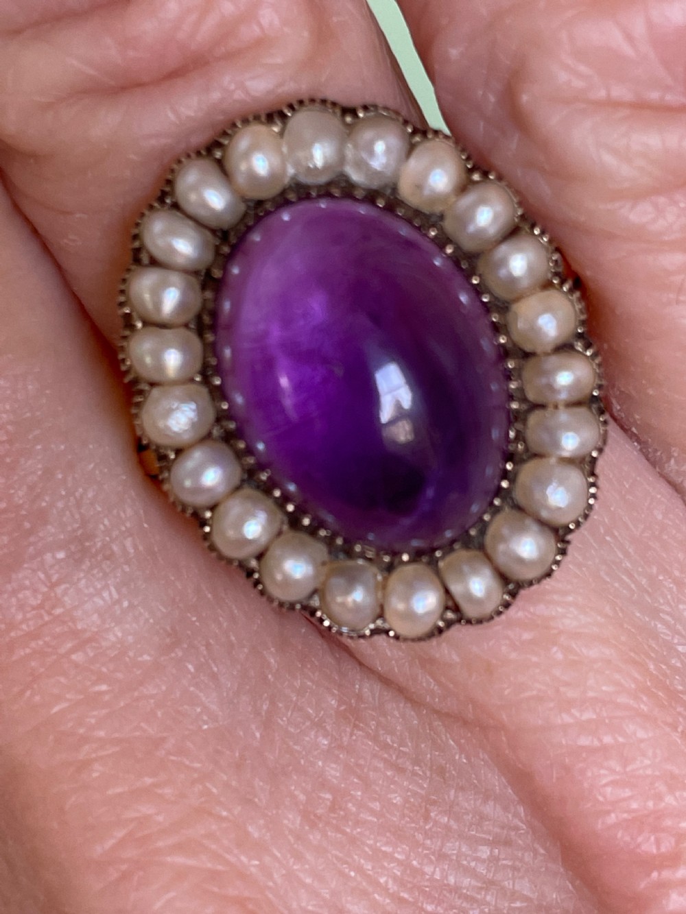 Victorian Amethyst and Natural Seed Pearl 18ct Gold Ring View II