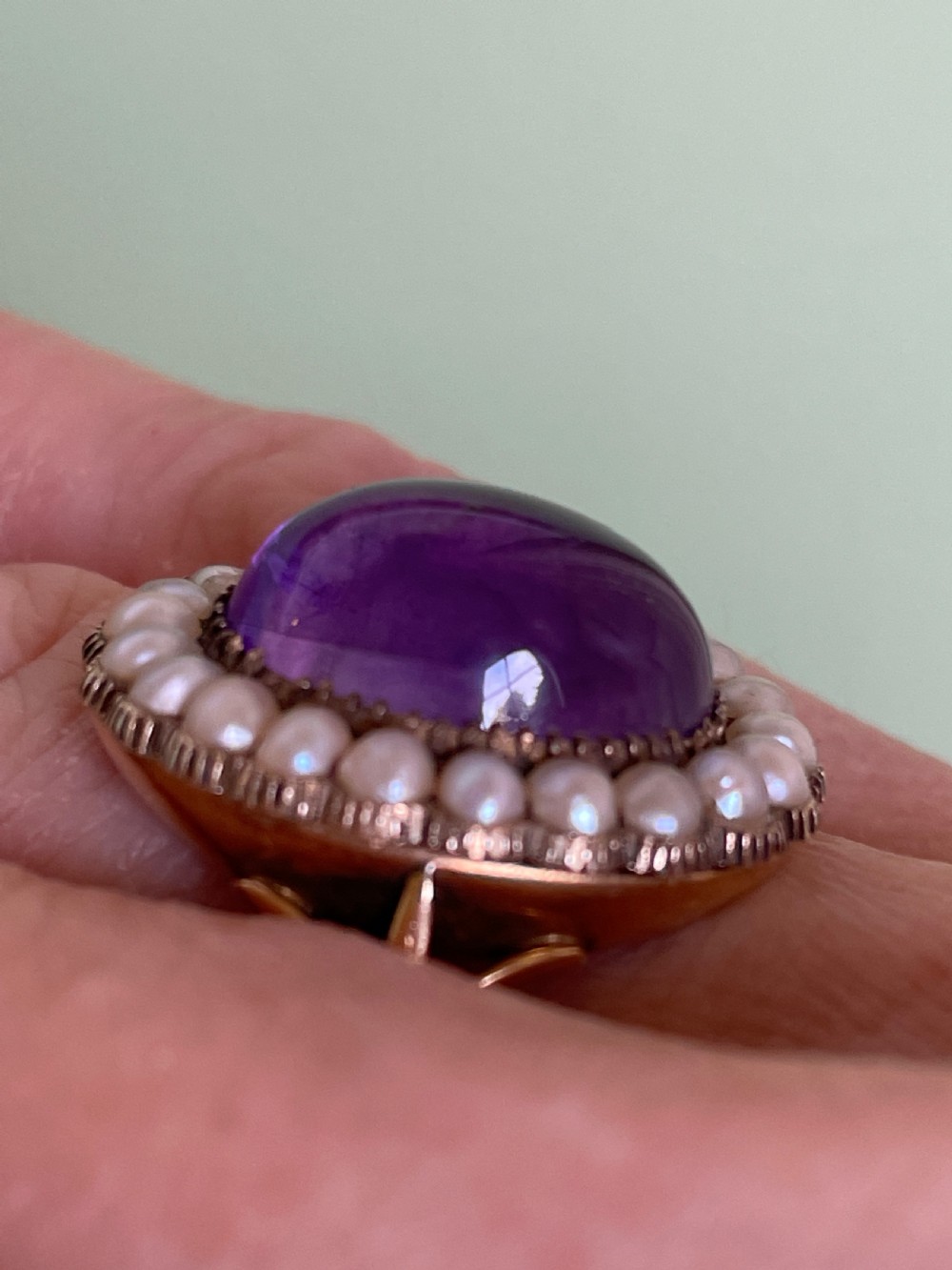 Victorian Amethyst and Natural Seed Pearl 18ct Gold Ring View III