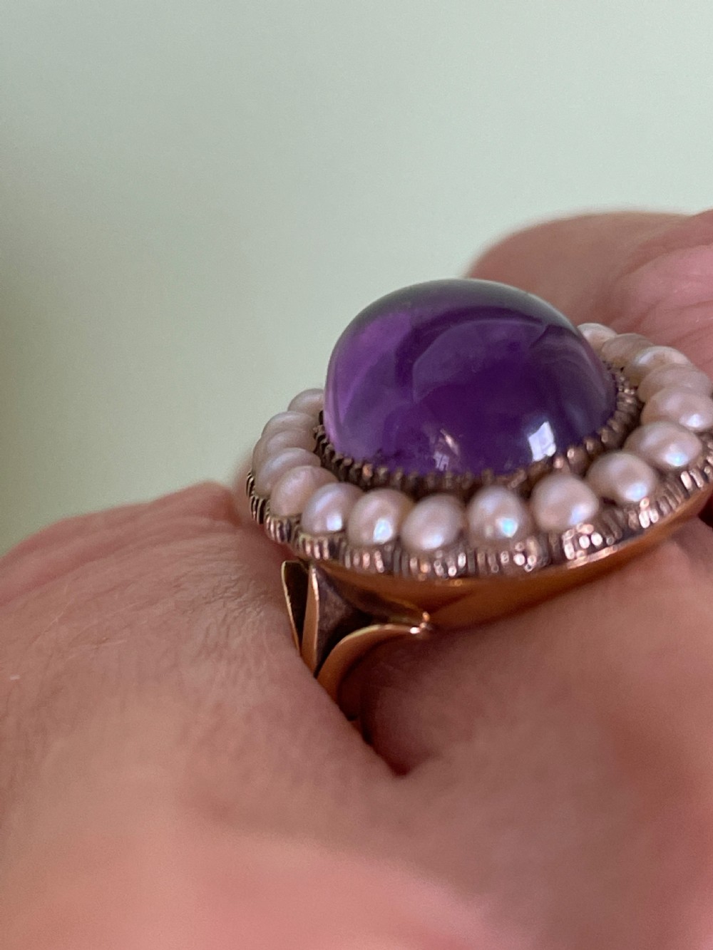 Victorian Amethyst and Natural Seed Pearl 18ct Gold Ring View IV