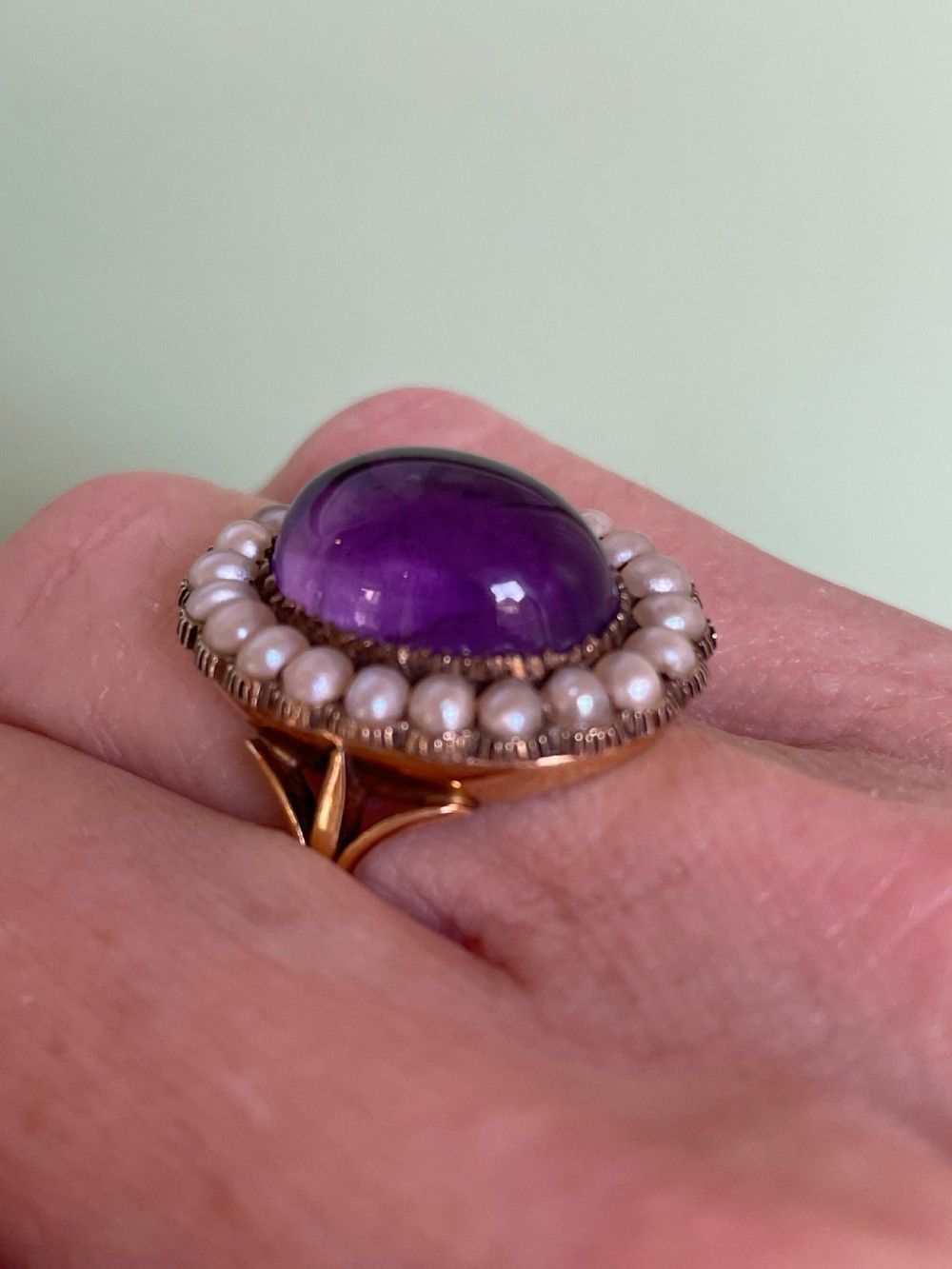 Victorian Amethyst and Natural Seed Pearl 18ct Gold Ring View V