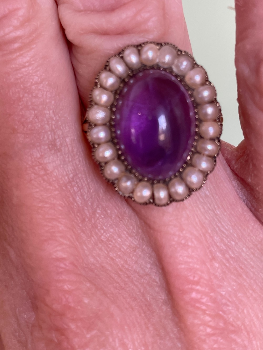 Victorian Amethyst and Natural Seed Pearl 18ct Gold Ring View VI