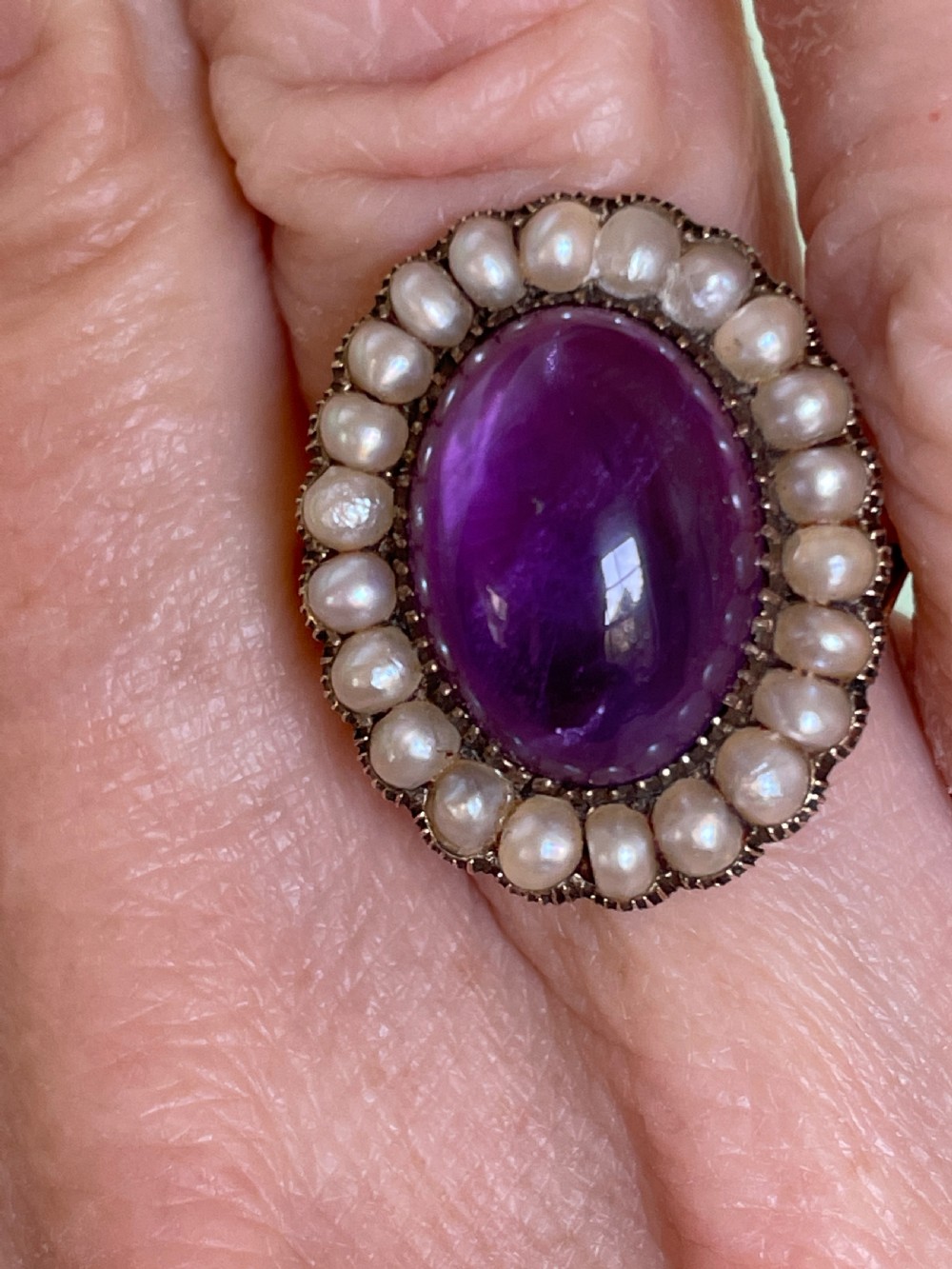 Victorian Amethyst and Natural Seed Pearl 18ct Gold Ring View VII