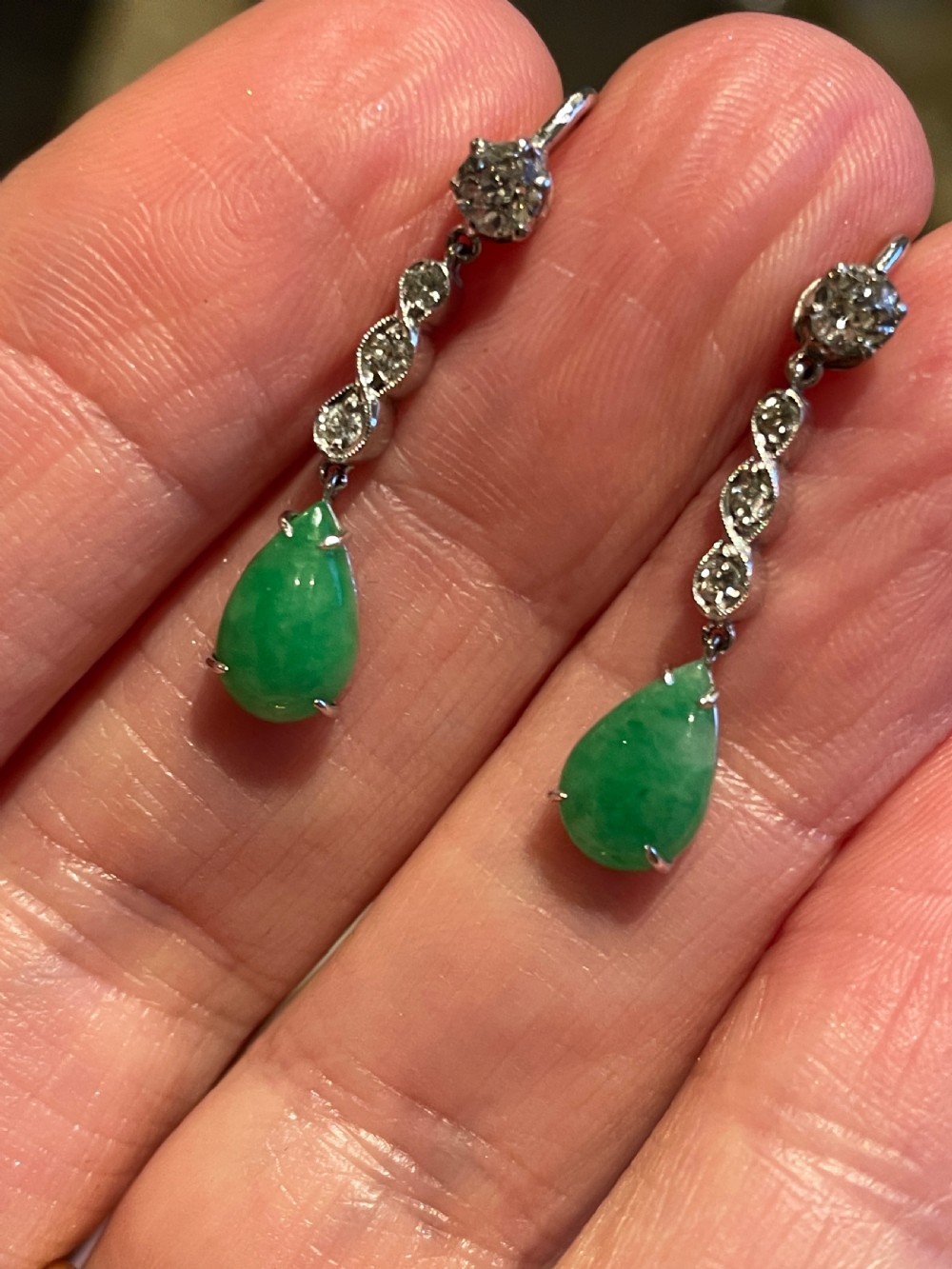 Antique Natural Jadeite and Diamond Art Deco Earrings