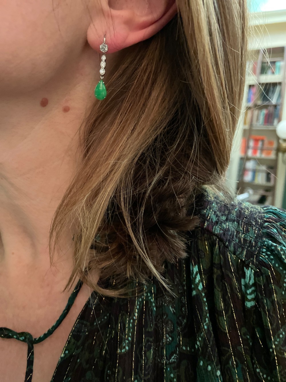 Antique Natural Jadeite and Diamond Art Deco Earrings View II