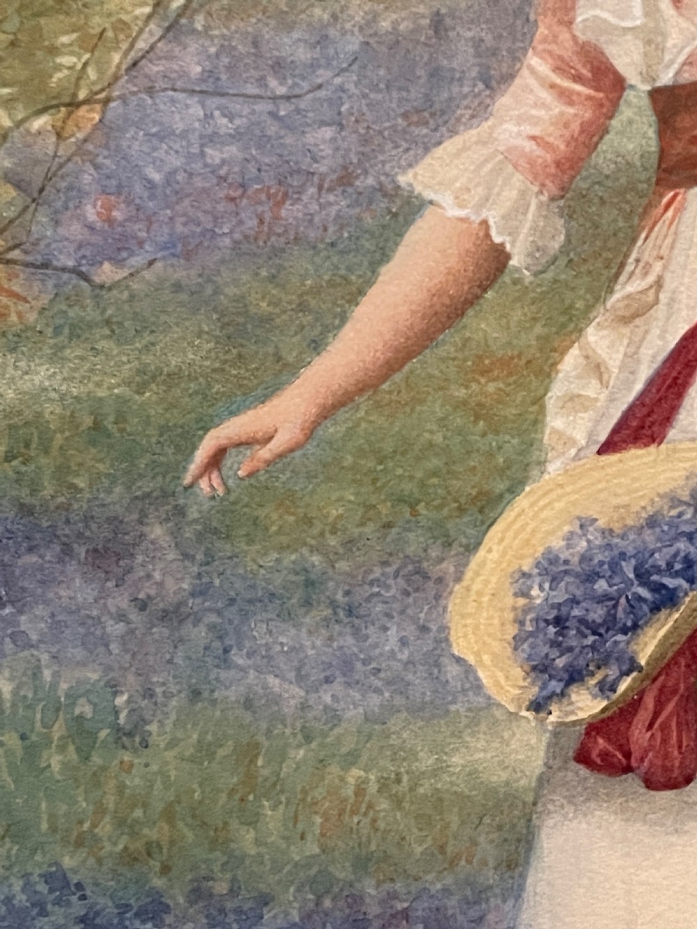 An Edwardian watercolour painting depicting a woman in a pink dress and brown sash walking through a bluebell woodland while holding a basket. View II