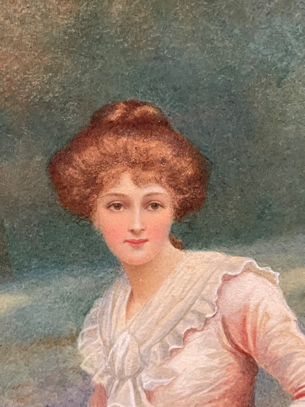 An Edwardian watercolour painting depicting a woman in a pink dress and brown sash walking through a bluebell woodland while holding a basket. View III
