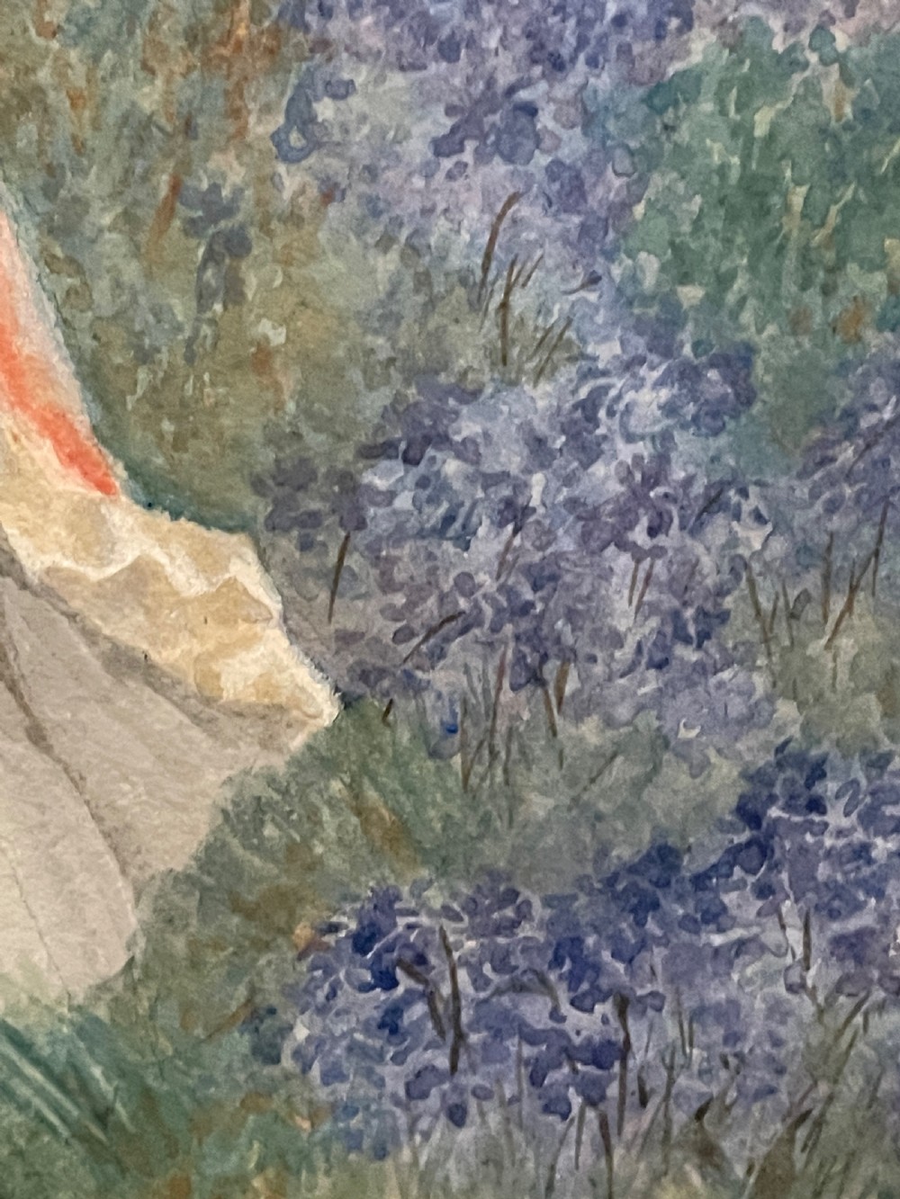 An Edwardian watercolour painting depicting a woman in a pink dress and brown sash walking through a bluebell woodland while holding a basket. View VI