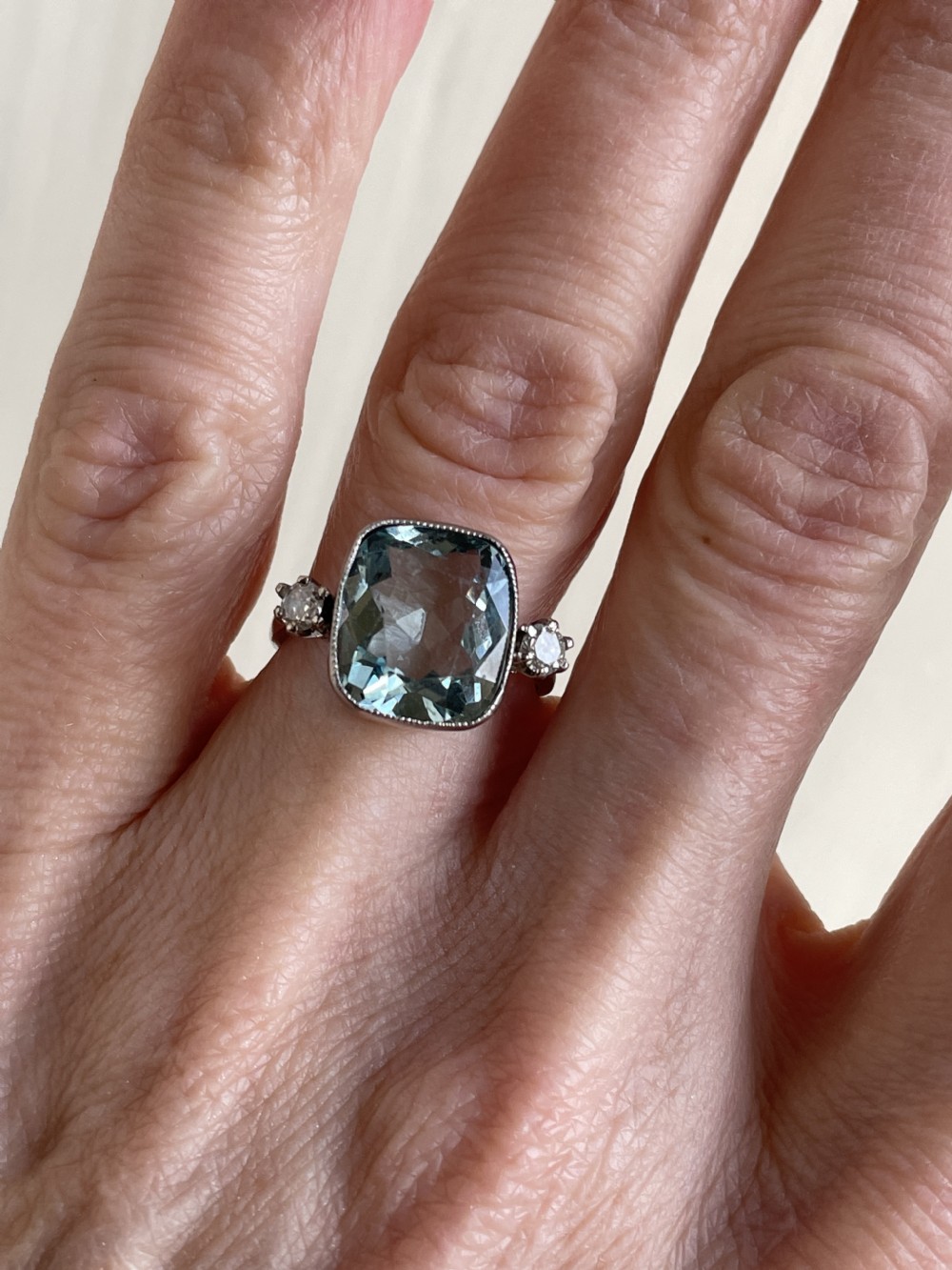 Art Deco Platinum and Diamond Aquamarine Ring View V
