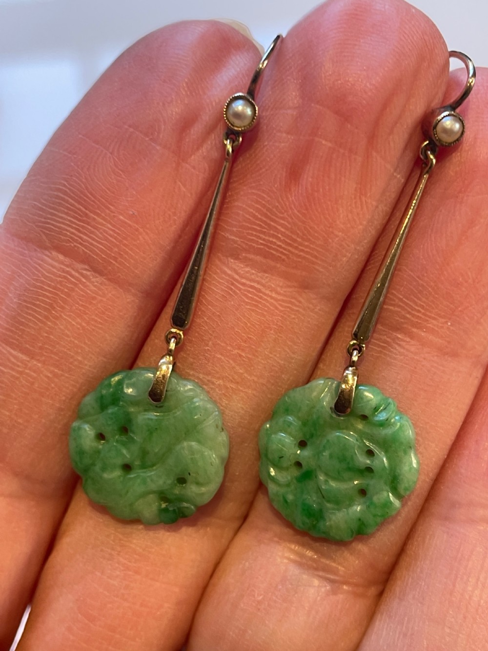Natural Carved Undyed  Jadeite and Pearl Gold Edwardian Earrings  View IV