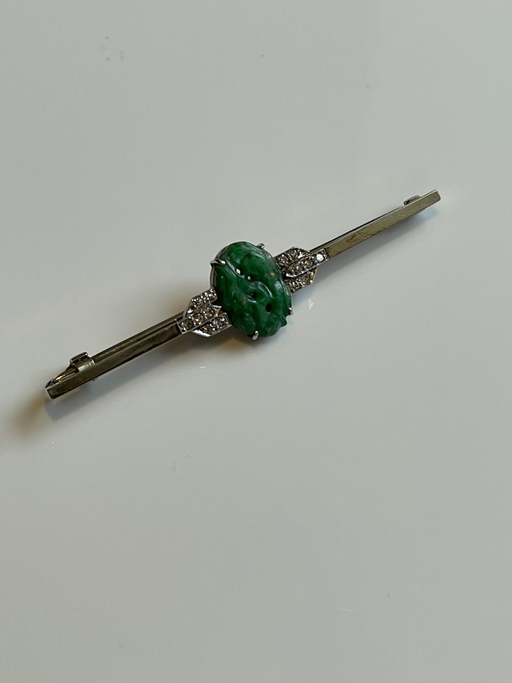 Art Deco Platinum Jadeite and Diamond Bar Brooch View II