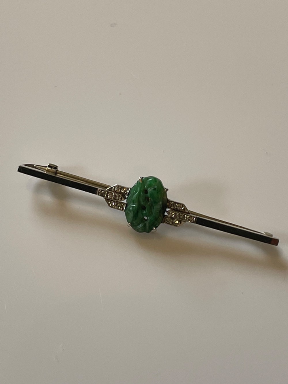 Art Deco Platinum Jadeite and Diamond Bar Brooch View III