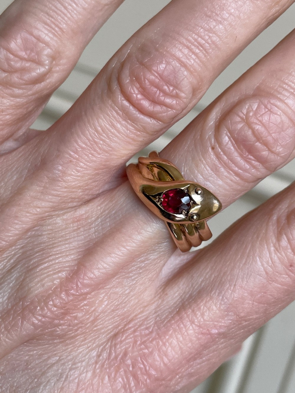 Edwardian 9ct Gold Garnet Snake Ring View III