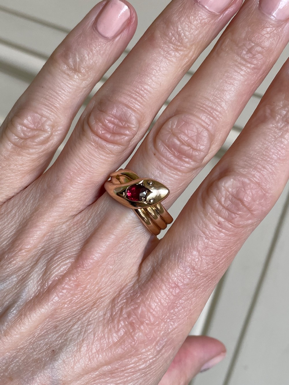 Edwardian 9ct Gold Garnet Snake Ring View II