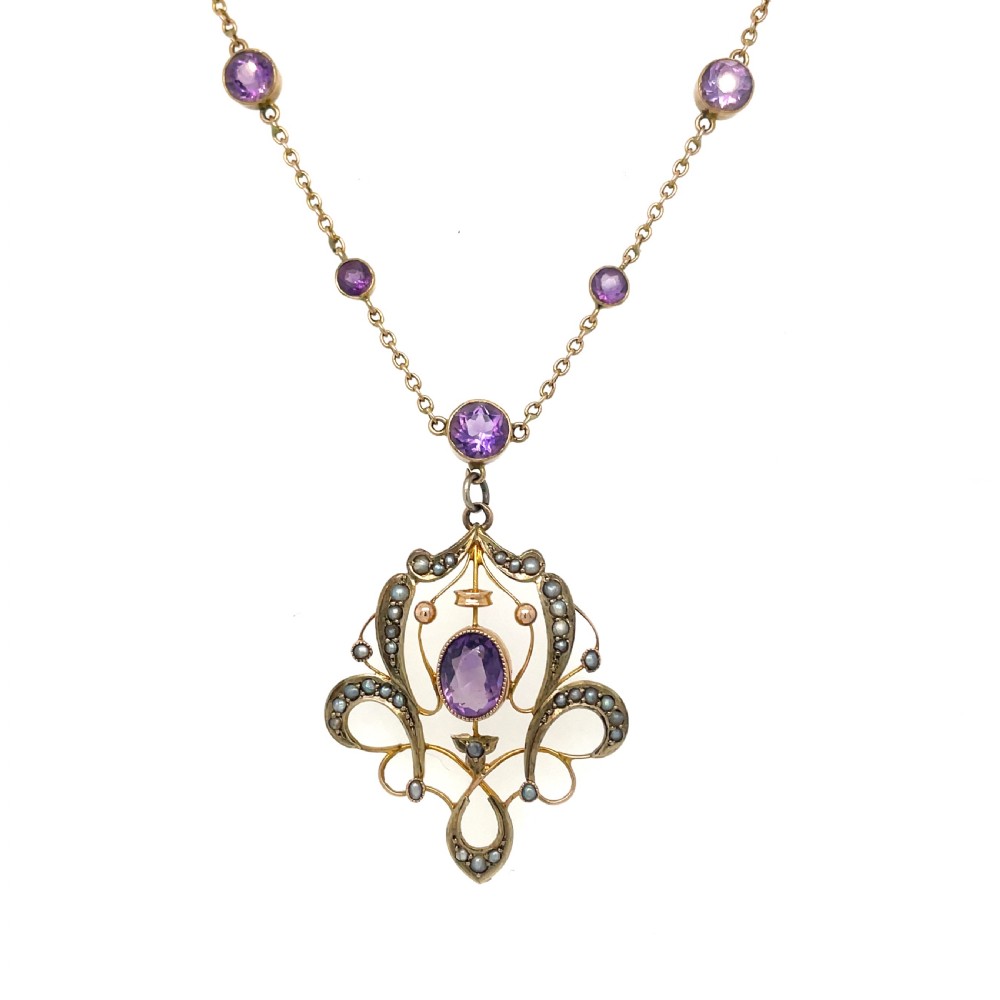 Amethyst and Seed Pear 9ct Gold Edwardian   Necklace