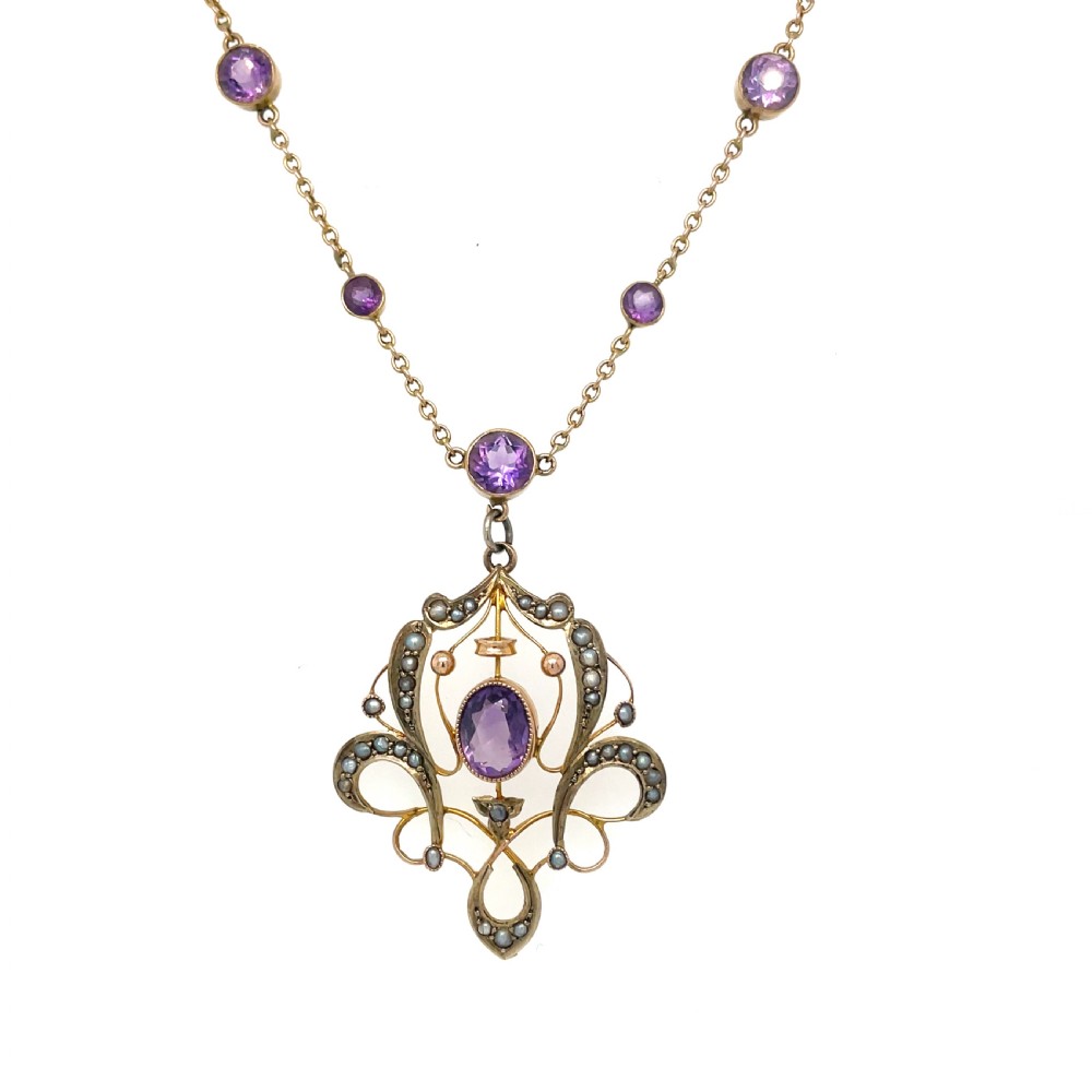Amethyst and Seed Pear 9ct Gold Edwardian   Necklace View II