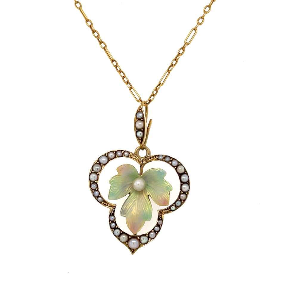 Edwardian Enamel And Pearl Leaf Pendant
