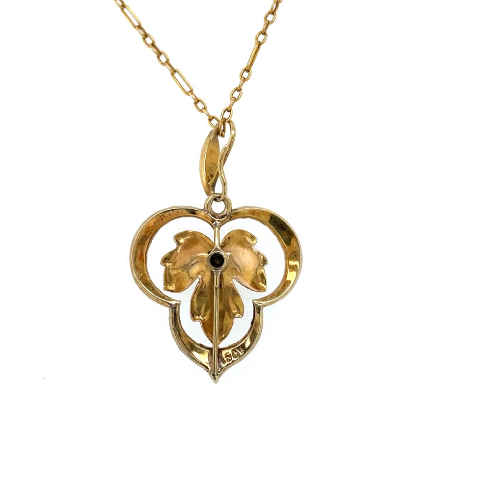 Edwardian Enamel And Pearl Leaf Pendant View II