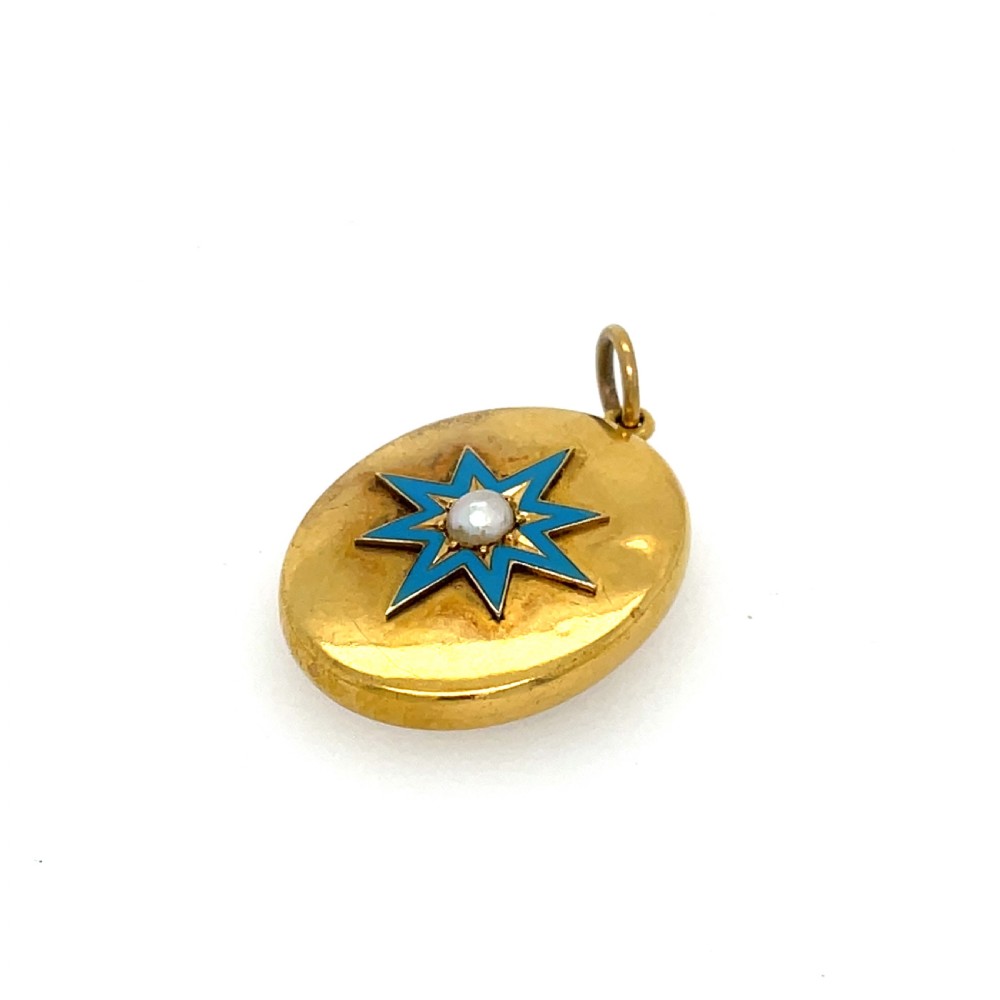 18ct gold Oval  Starburst Enamel and Pearl Picture Locket