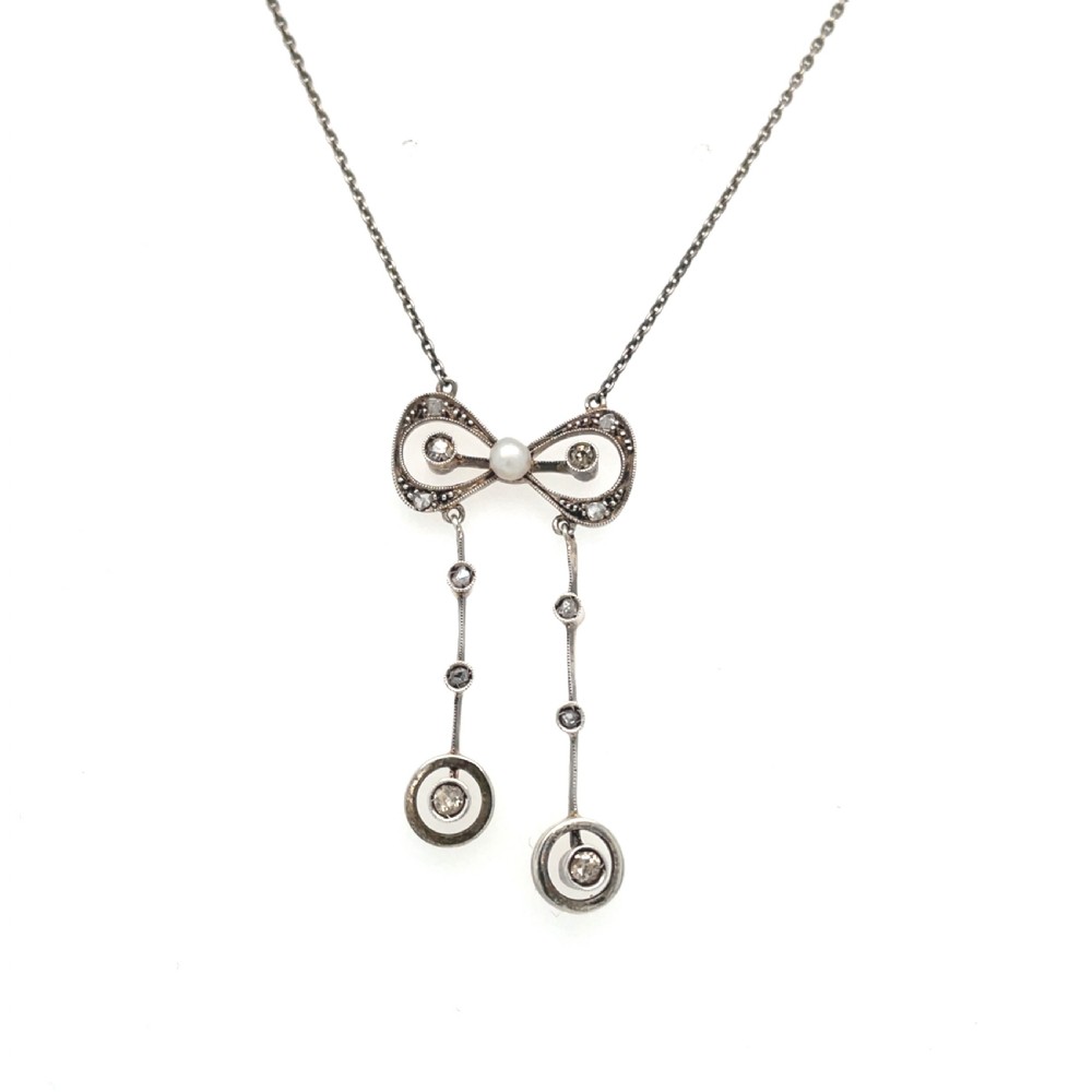 Edwardian Negligee Diamond and Pearl Necklace View II