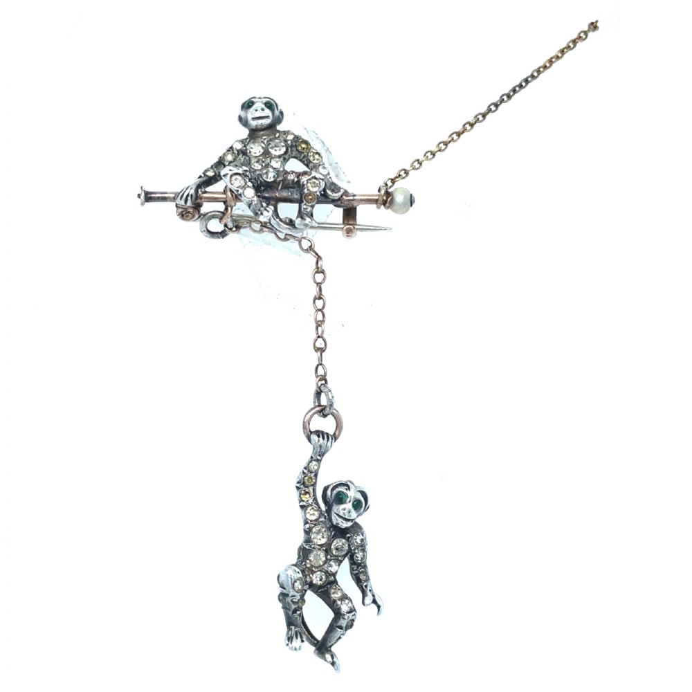 Art Deco Double Monkey Paste Brooch