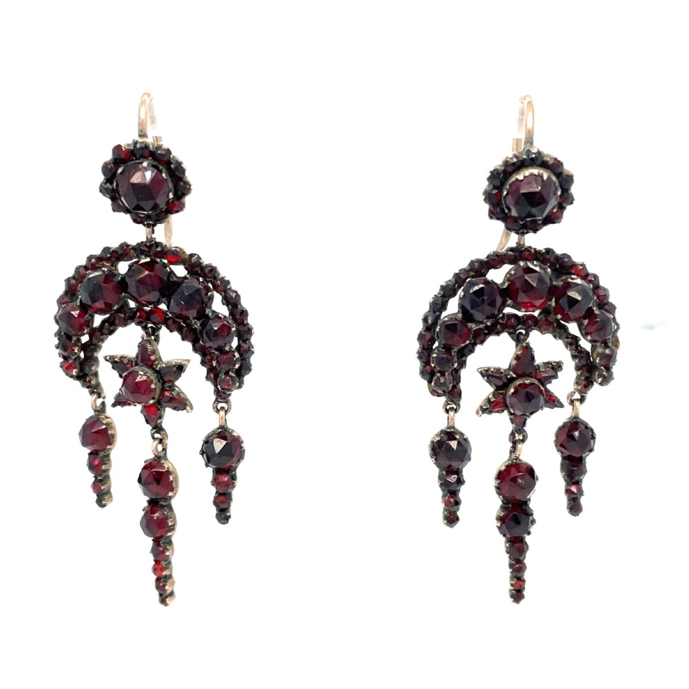 Bohemian Garnet Moon and Star Antique Rose Cut Earrings
