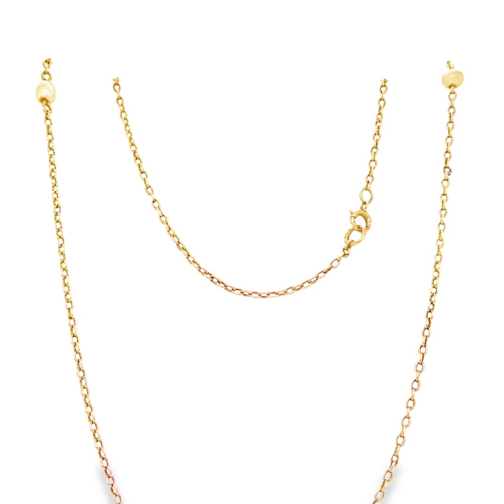 A fine yellow gold neck chain featuring small pearl stations and a classic bolt ring clasp.