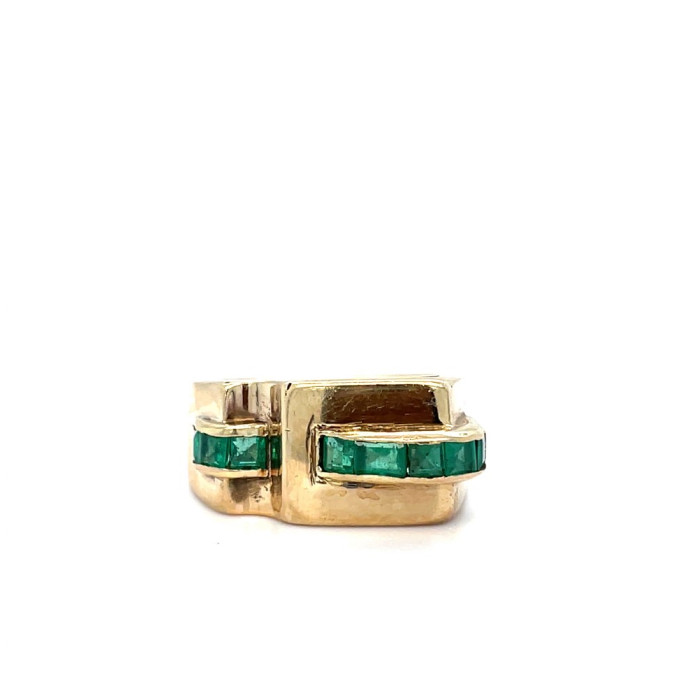 An Art Deco yellow gold tank ring featuring a row of channel-set green rectangular emeralds across a bold architectural setting. View II