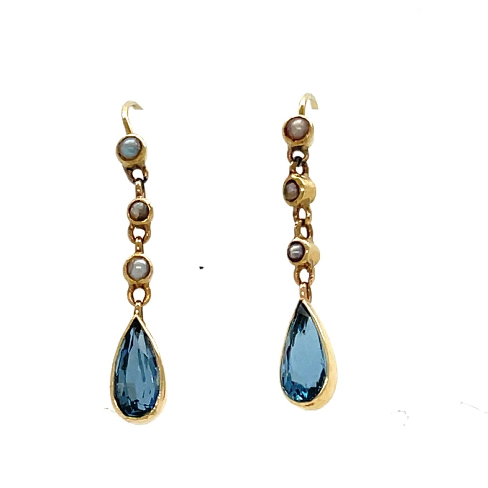 Aquamarine and Pearl 15ct Gold Edwardian Earrings