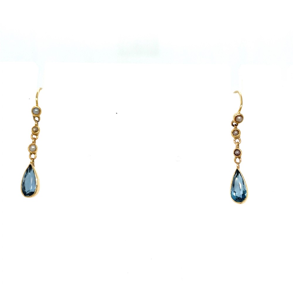 Aquamarine and Pearl 15ct Gold Edwardian Earrings View II