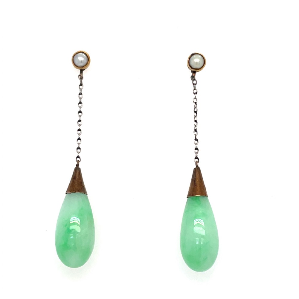 Edwardian Jadeite and Pearl Earrings View II