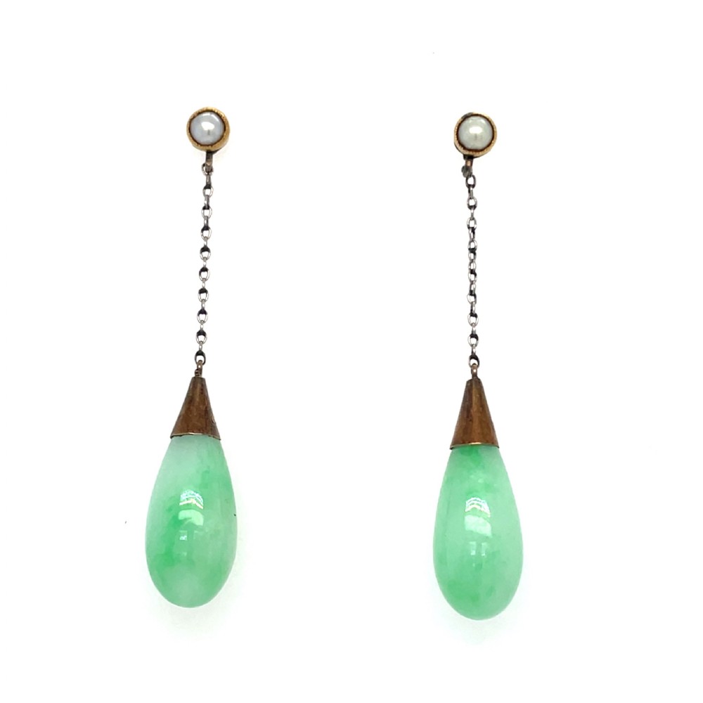Edwardian Jadeite and Pearl Earrings View III