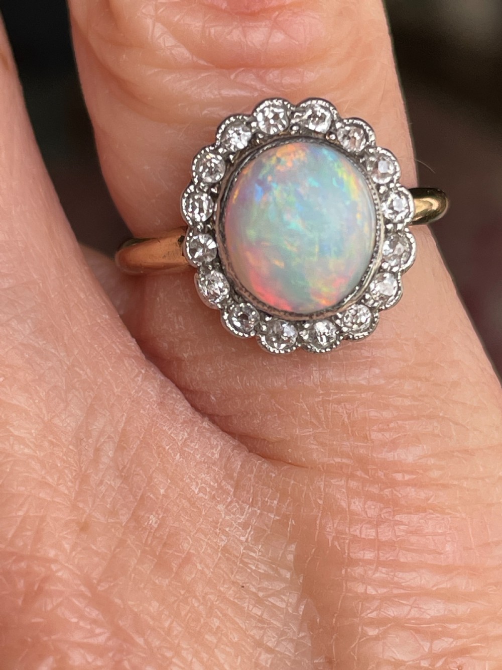 Edwardian Opal and Diamond Cluster Ring 18ct Gold