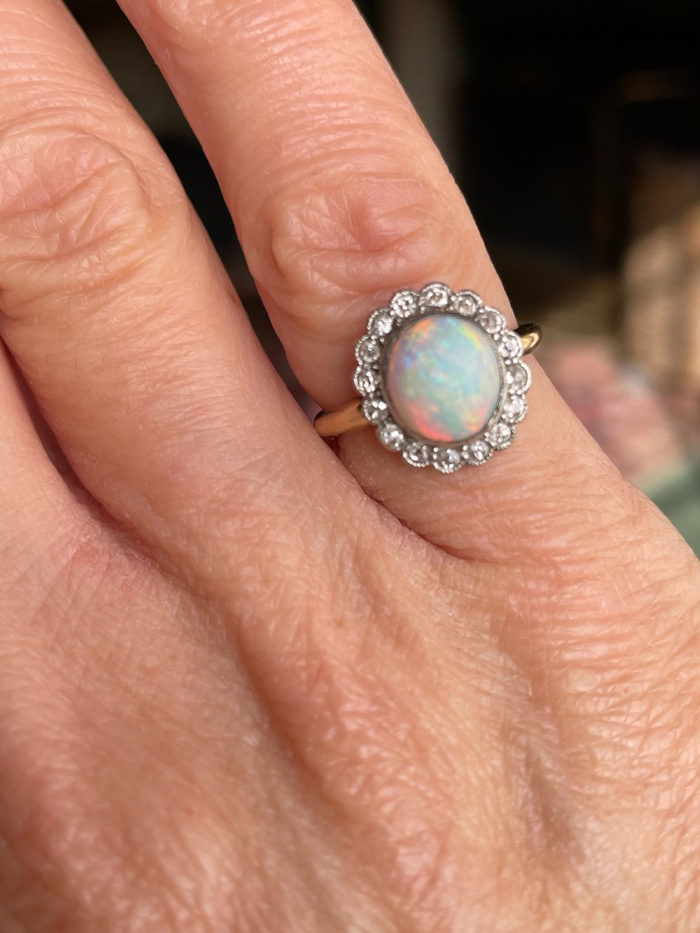 Edwardian Opal and Diamond Cluster Ring 18ct Gold View III