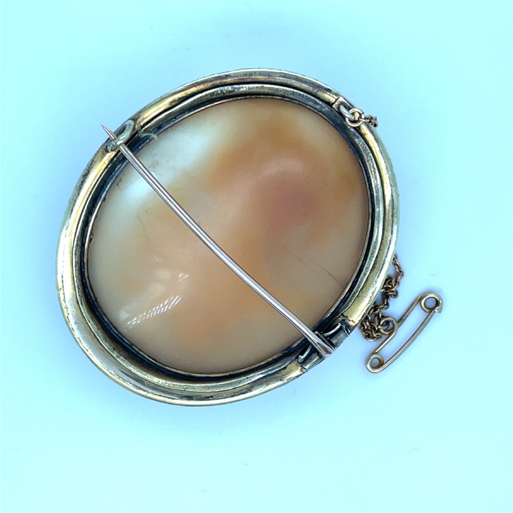 An oval carved shell cameo brooch depicting a classical profile figure with a winged dove motif, mounted in an engraved gold frame. View II