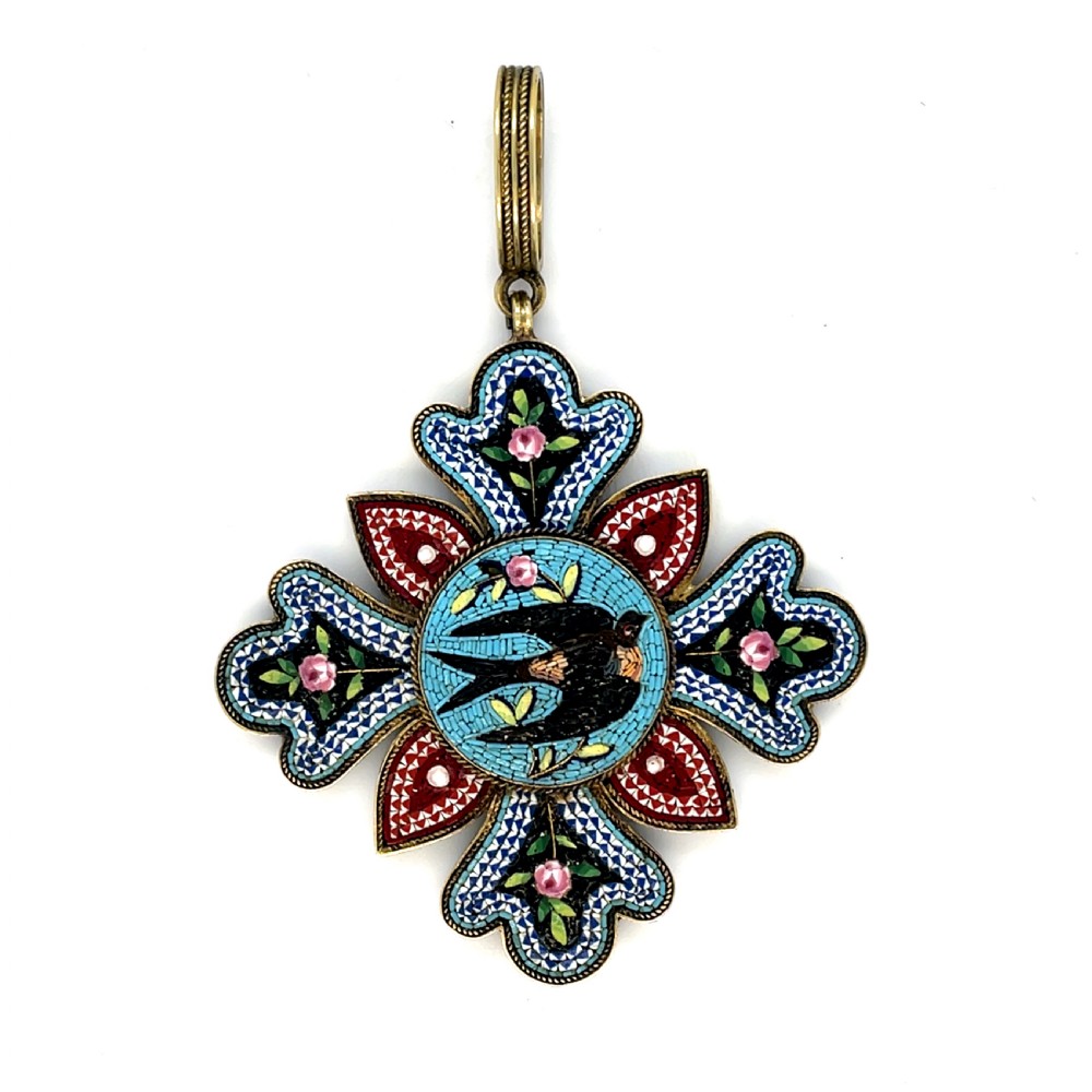 Antique Micromosaic Grand Tour Swallow Gold Pendant 