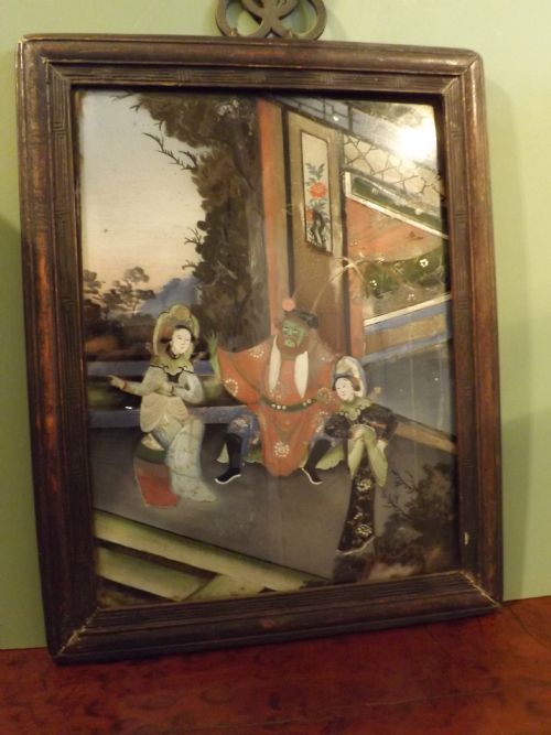 Pair Late C19th Chinese Reverse-painted Glass Pictures