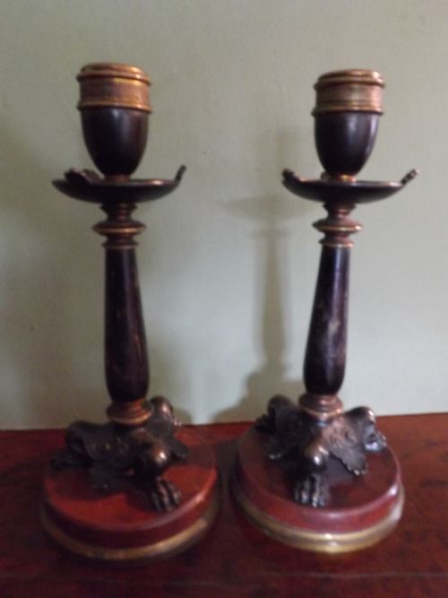 Pair C19th French Charles X Period Empire-style Bronze Candlesticks