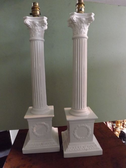 Pair Early C20th Italian Glazed Pottery Corinthian Column Table Lamp Bases.