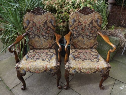 Pair Late C19th/early C20th George I Period Style Walnut Framed Armchairs