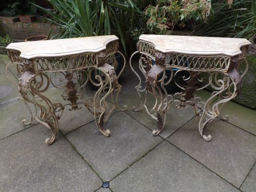 Pair Early C20th French Marble-topped Wrought Iron Console Tables.