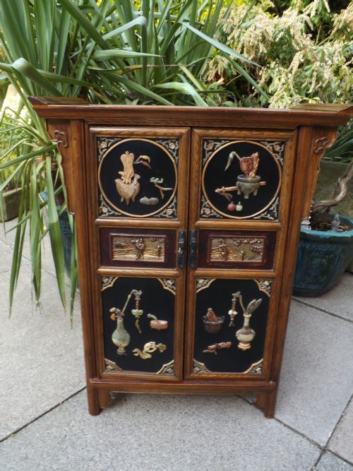 Early C20th Chinese Hardwood, Lacquer and Soapstone Decorated Side-cabinet.