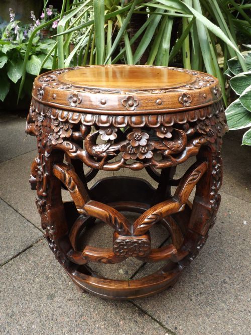Late C19th Chinese Qing Dynasty Heavily Carved Hardwood/'hongmu' Barrel Stand or Garden Seat.