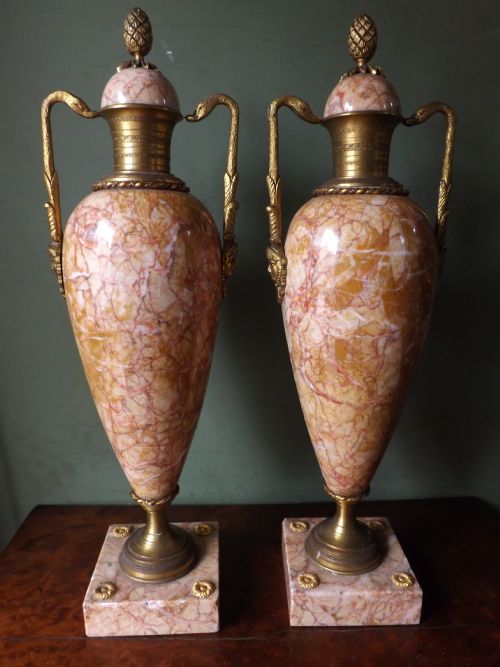 Pair of Late C19th French Ormolu-mounted Marble Urns/vases.