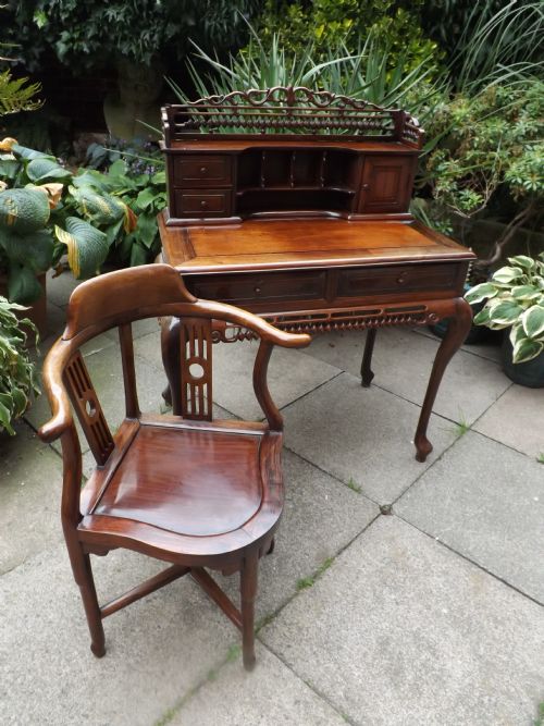 Late C19th /Early C20th Chinese Qing Dynasty Carved Hardwood 'Bonheur-du-jour'/ Writing Table and Armchair