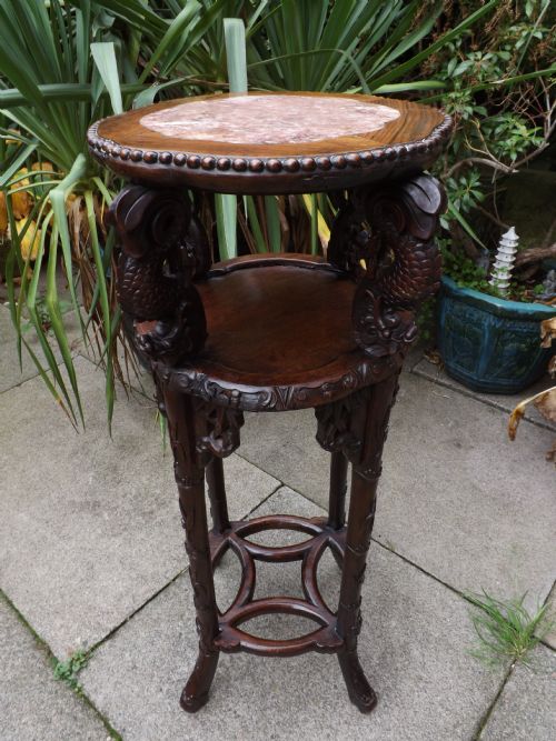 Late C19th Chinese Qing Dynasty Carved Hardwood Marble-top Jardiniere Stand of Unusual Form.