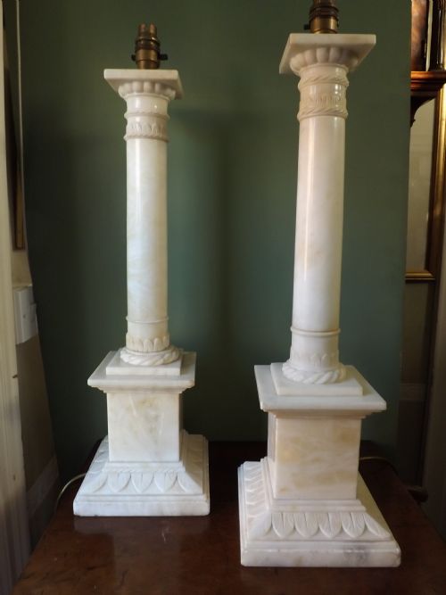 Pair of Early C20th Italian Alabaster Column Table-lamps