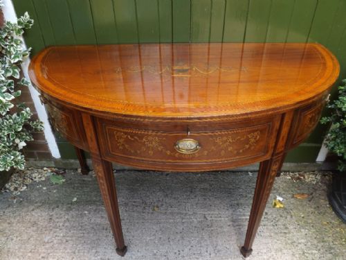 LATE C18TH GEORGE III PERIOD MAHOGANY DEMILUNE SIDE OR PIER TABLE WITH PROFUSE NEOCLASSICAL STYLE INLAY - ADDITIONAL PHOTO 1