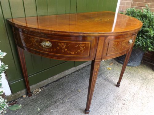 LATE C18TH GEORGE III PERIOD MAHOGANY DEMILUNE SIDE OR PIER TABLE WITH PROFUSE NEOCLASSICAL STYLE INLAY - ADDITIONAL PHOTO 2