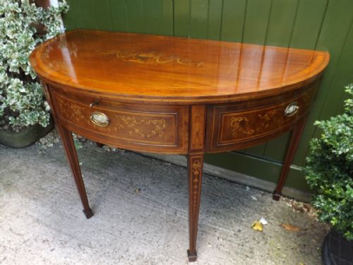 LATE C18TH GEORGE III PERIOD MAHOGANY DEMILUNE SIDE OR PIER TABLE WITH PROFUSE NEOCLASSICAL STYLE INLAY - ADDITIONAL PHOTO 5